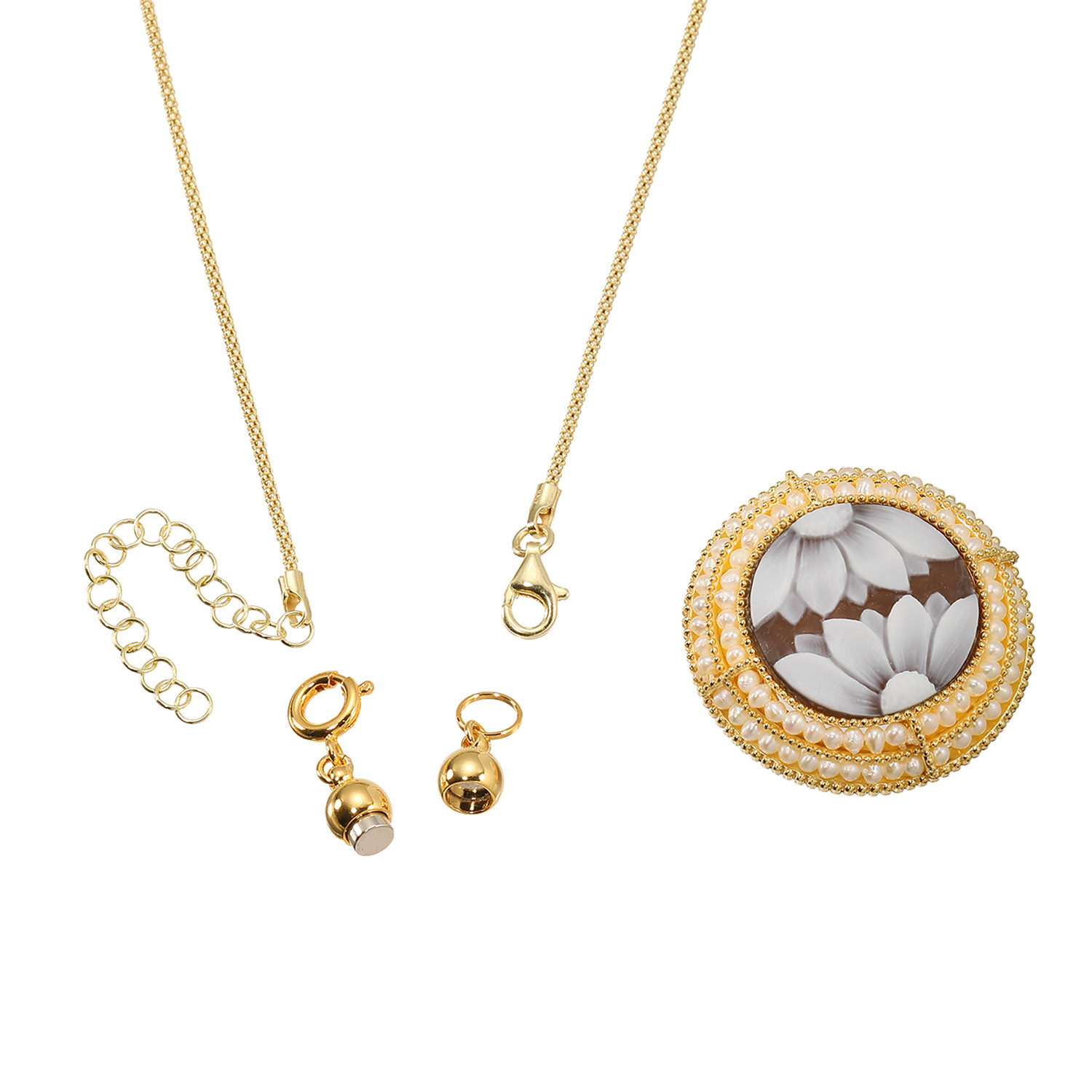 珠里 シルバー シェルカメオ＆ 淡水パール フラワーモティーフ ペンダント