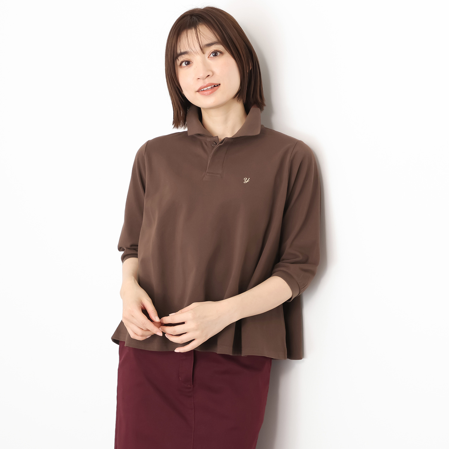 ラソエヌサーティスリー ディグリーズ 鹿の子 イニシャル刺しゅう フレアーシルエット ポロシャツ