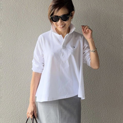 ラソエヌサーティスリー ディグリーズ 鹿の子 イニシャル刺しゅう フレアーシルエット ポロシャツ