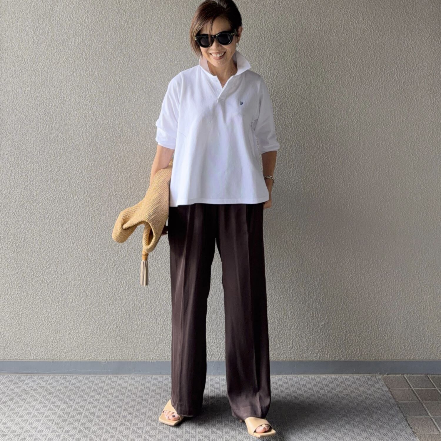 ラソエヌサーティスリー ディグリーズ 鹿の子 イニシャル刺しゅう フレアーシルエット ポロシャツ