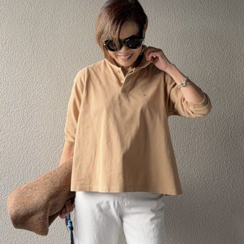 ラソエヌサーティスリー ディグリーズ 鹿の子 イニシャル刺しゅう フレアーシルエット ポロシャツ