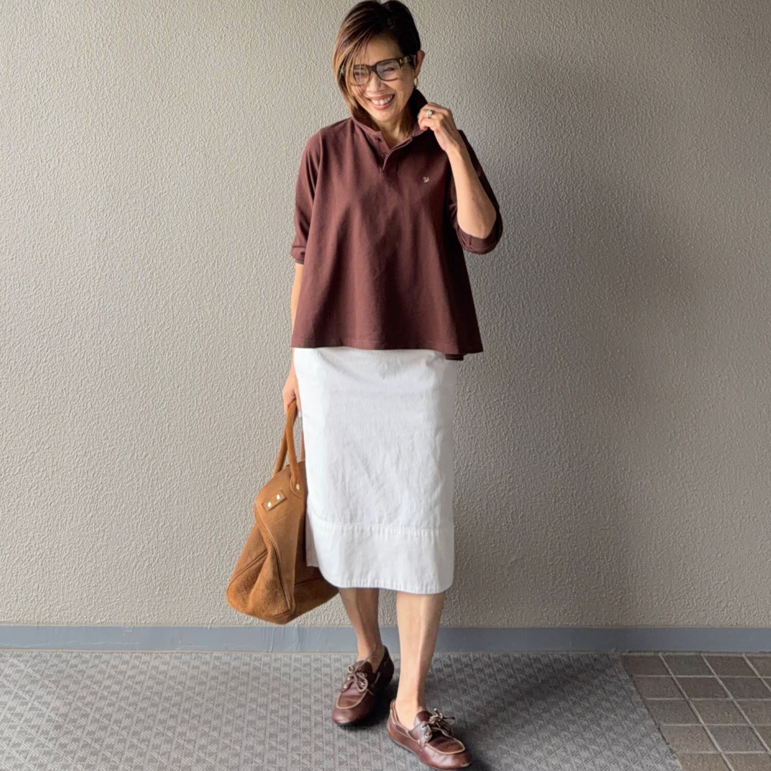 ラソエヌサーティスリー ディグリーズ 鹿の子 イニシャル刺しゅう フレアーシルエット ポロシャツ