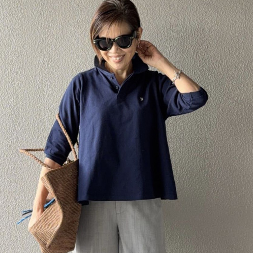 ラソエヌサーティスリー ディグリーズ 鹿の子 イニシャル刺しゅう フレアーシルエット ポロシャツ