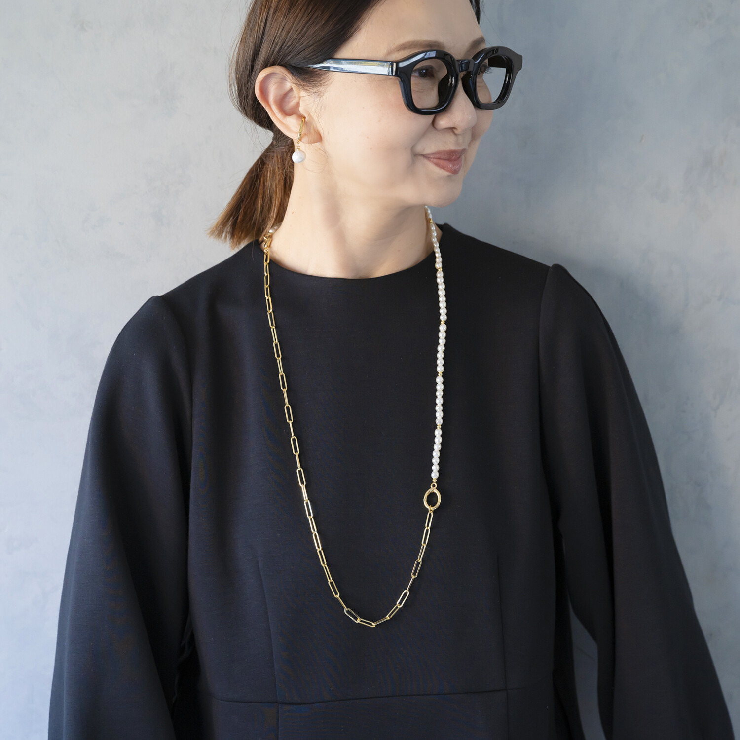 イロプライム クリップチェーン＆ パール調ビジュウ マルチウェイ ロングネックレス