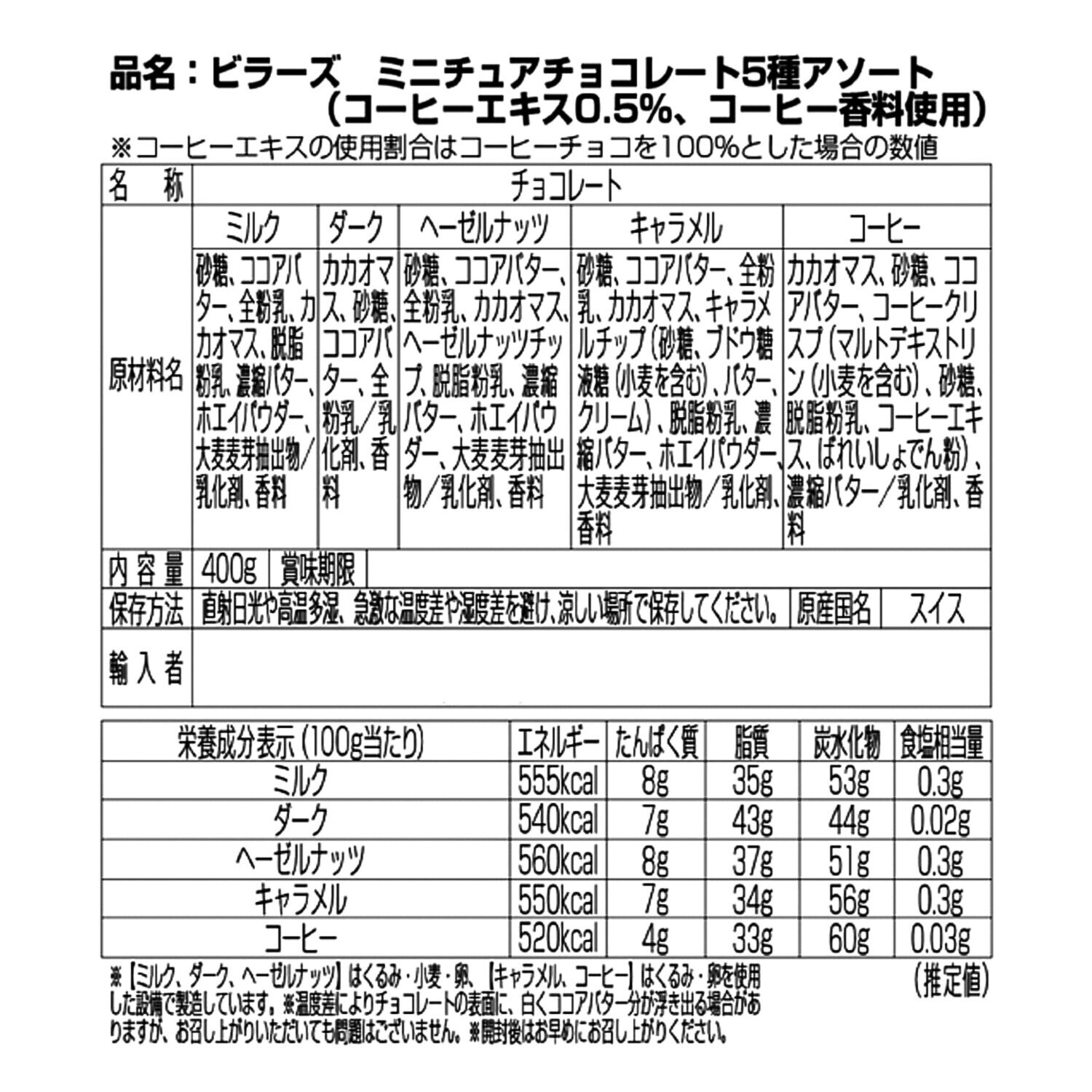 ビラーズ スイスチョコレート ５種アソートセット ＜オリジナル缶付き＞