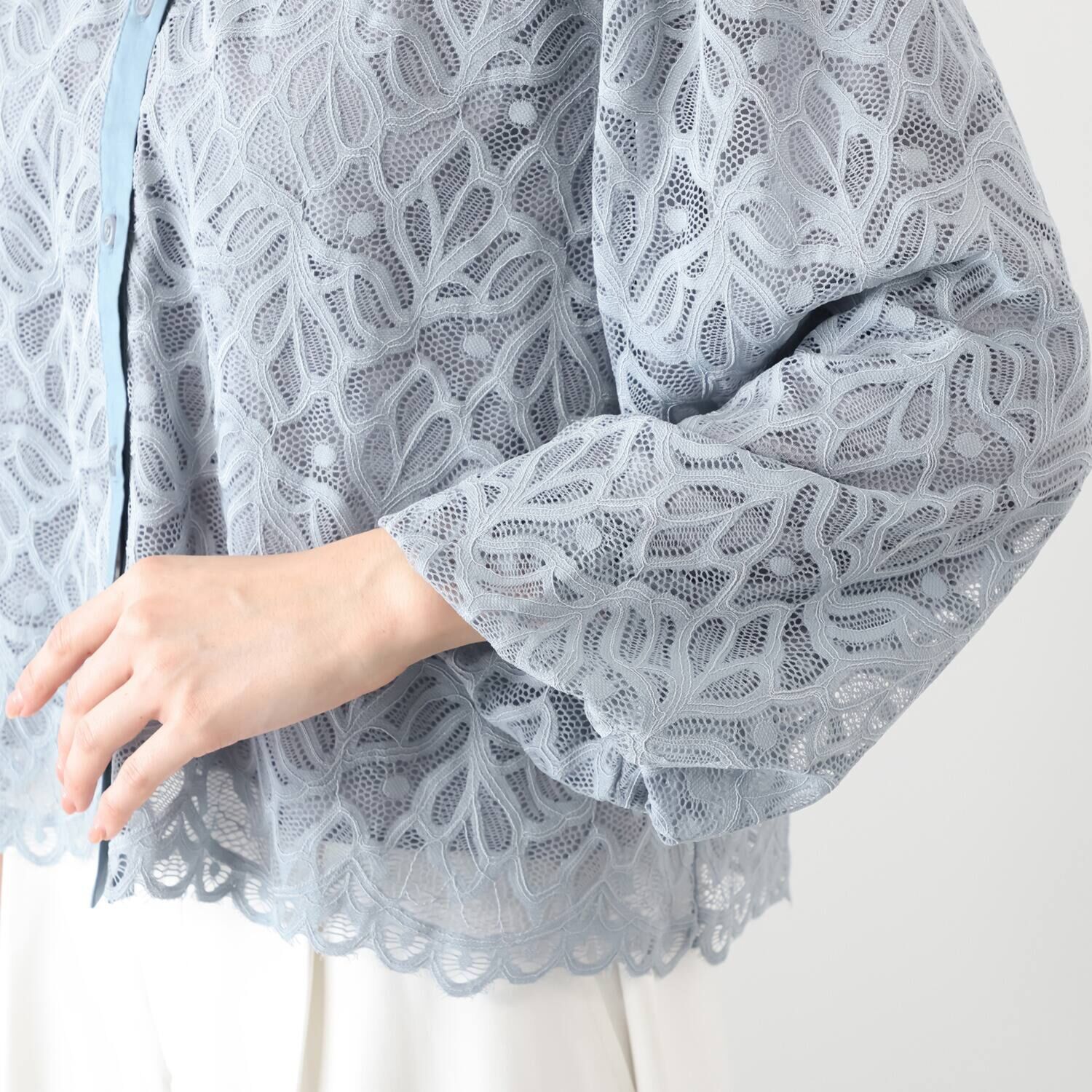 元町ゼラール 華やかラッセルレース ふんわりスリーブ スタンドネックシャツ