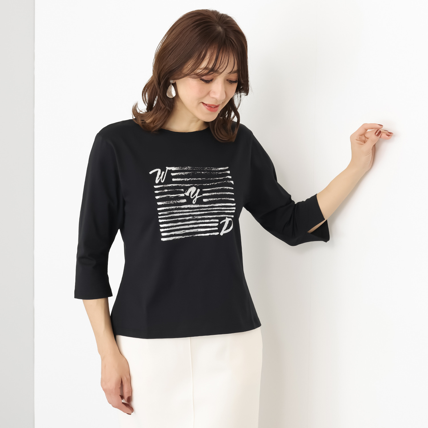 ウノ・ウノ・ドゥーエ 七分袖 箔プリント ロゴＴシャツ