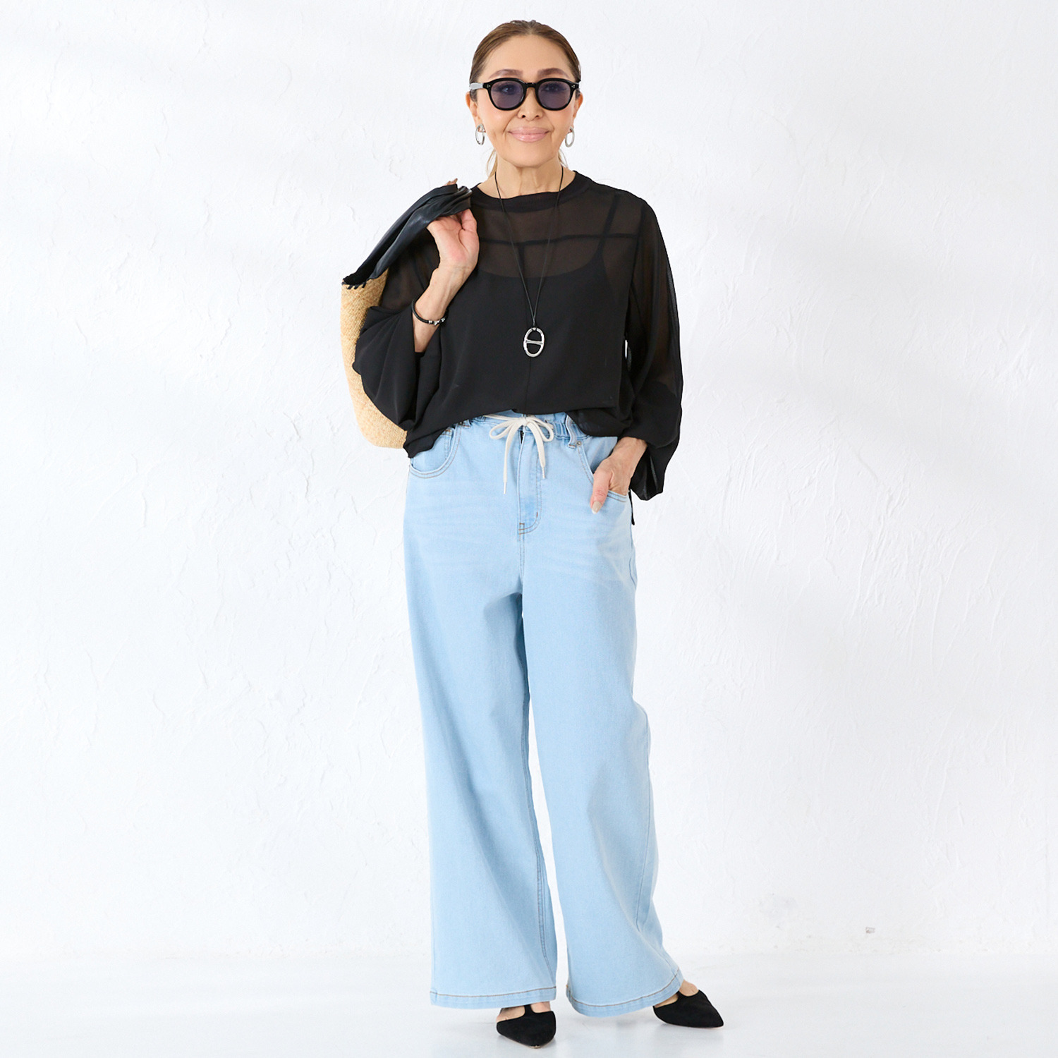 エーエフコンフィ ドローストリング付 イージーデニムパンツ