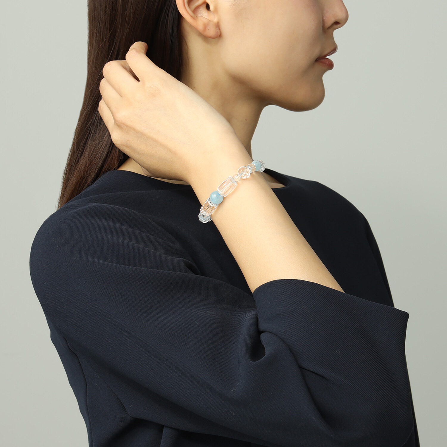 岩崎美智子コレクション 天然水晶＆アクアマリン イラスティック ブレスレット