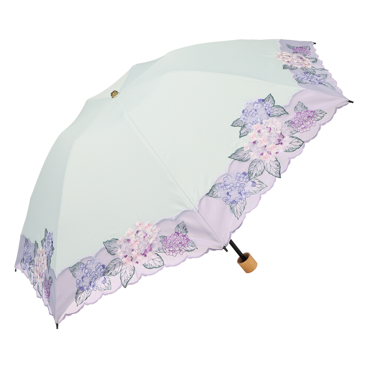 シノワズリーモダン 紫陽花刺しゅう 晴雨兼用 ミニ折りたたみ傘