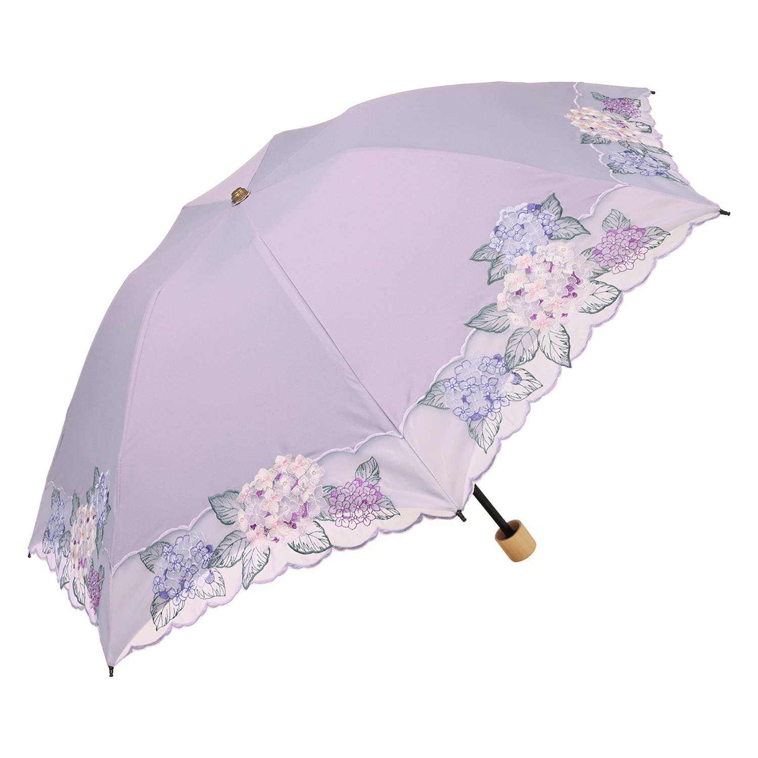 シノワズリーモダン 紫陽花刺しゅう 晴雨兼用 ミニ折りたたみ傘