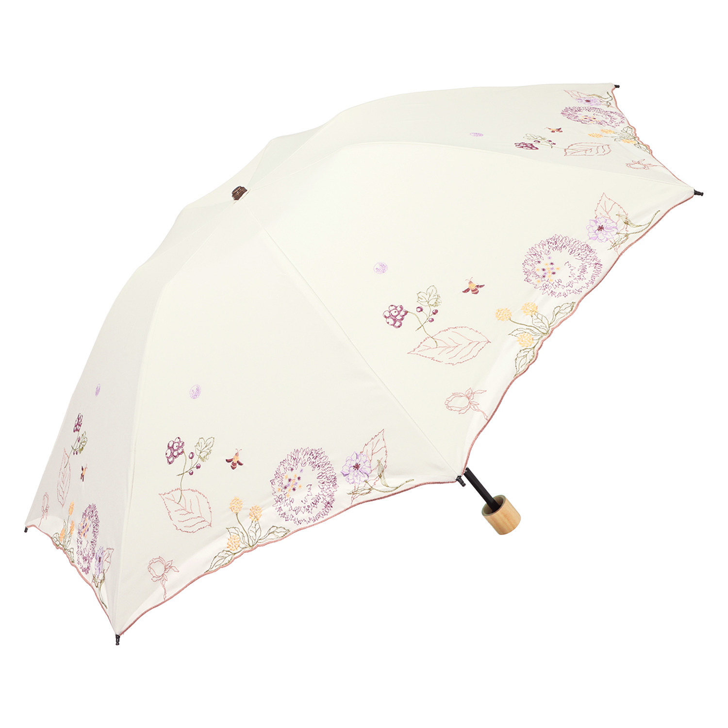 シノワズリーモダン ボタニカル刺しゅう 晴雨兼用 ミニ折りたたみ傘