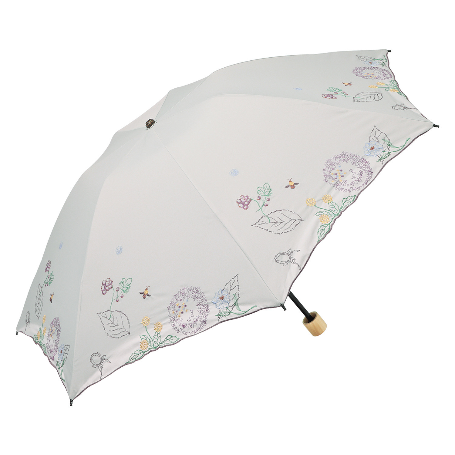 シノワズリーモダン ボタニカル刺しゅう 晴雨兼用 ミニ折りたたみ傘