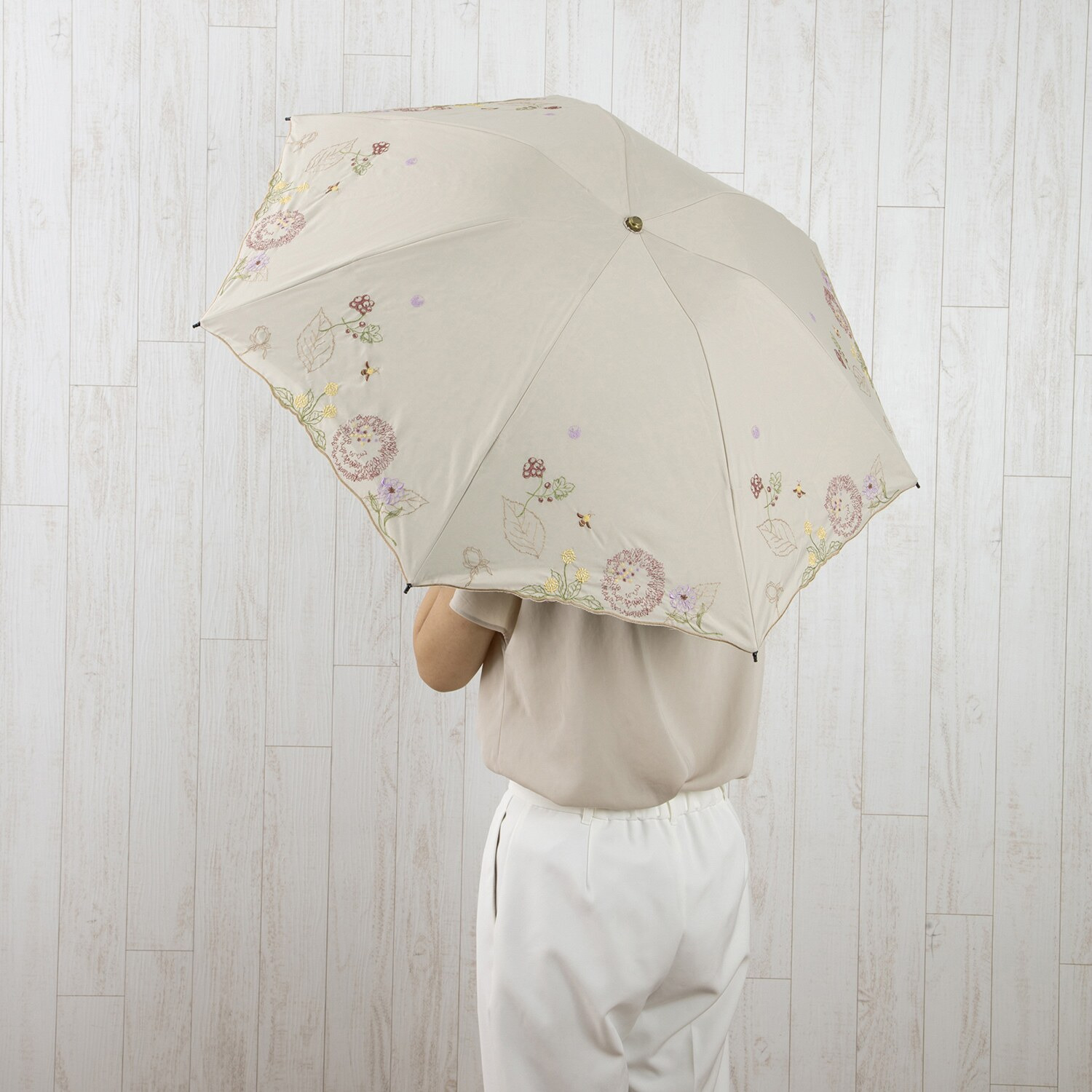 シノワズリーモダン ボタニカル刺しゅう 晴雨兼用 ミニ折りたたみ傘