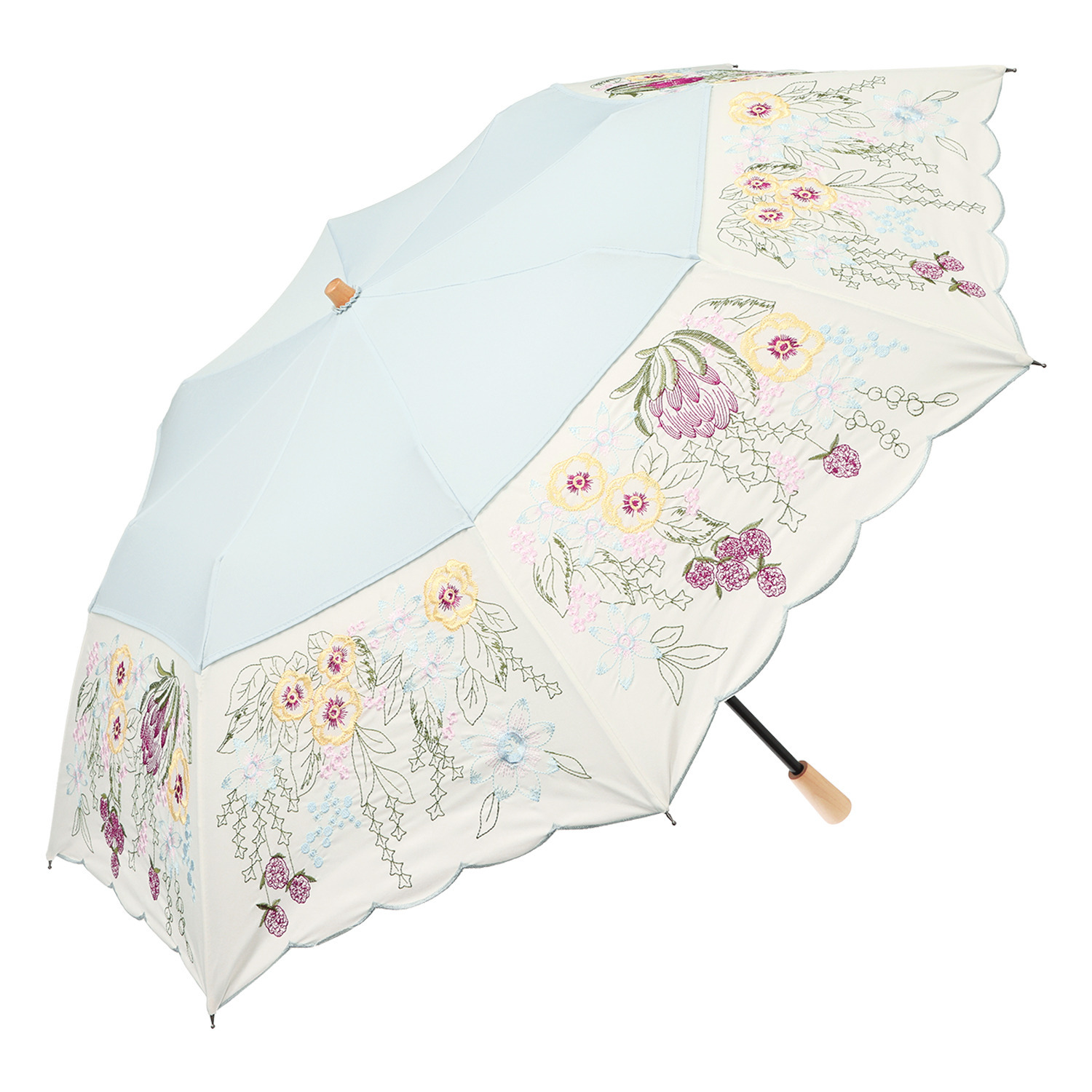 シノワズリーモダン 花束みたいな刺しゅう 晴雨兼用 折りたたみ傘