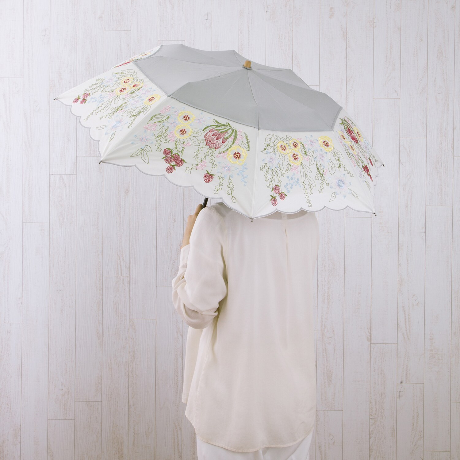 シノワズリーモダン 花束みたいな刺しゅう 晴雨兼用 折りたたみ傘