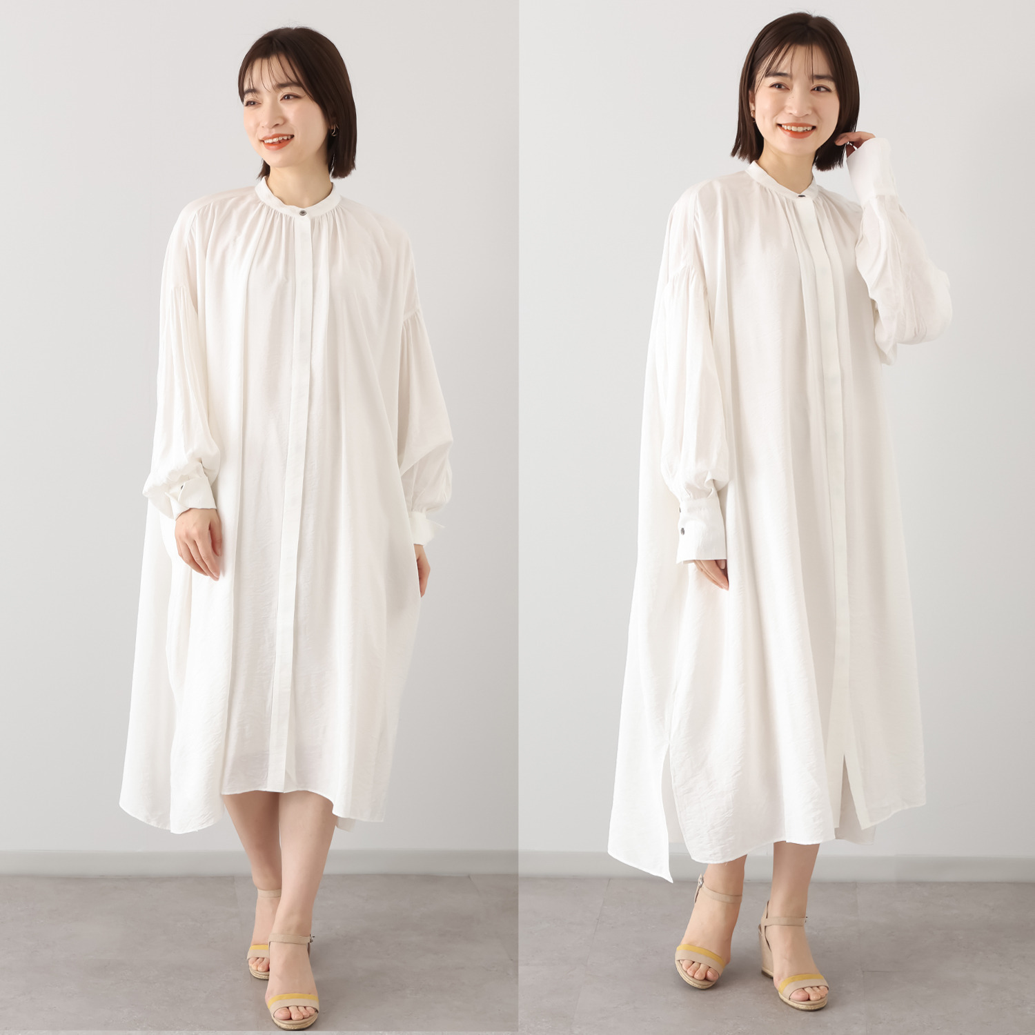 ヘ・エラ 大人のおしゃれで細見え ギャザーたっぷり バンドカラーワンピース