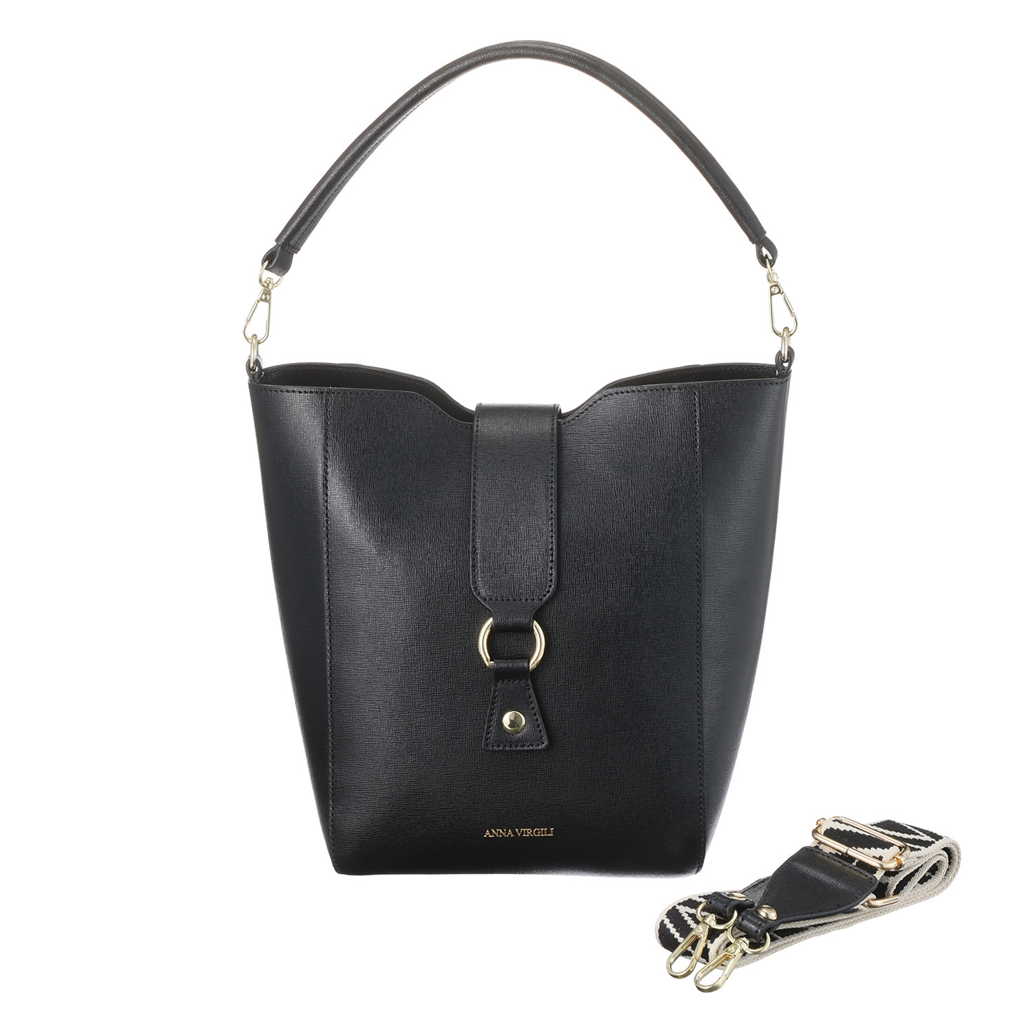 アンナヴィルジリ イタリア製 サフィアーノカーフレザー ロゴストラップ付 バケットバッグ “ヴァニア”
