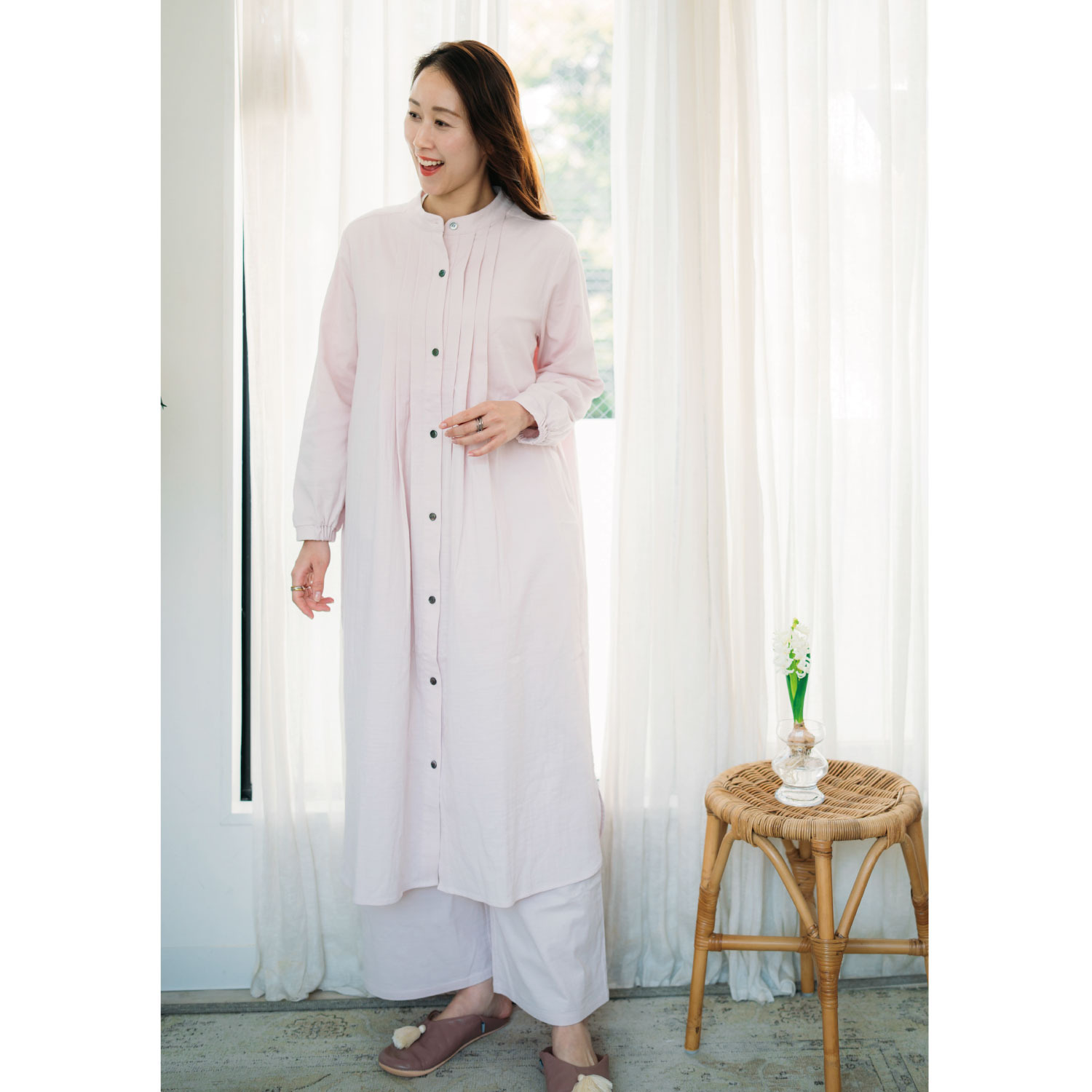 ヘ・エラ コットンブレンド ストレッチダブルガーゼ タックワンピース