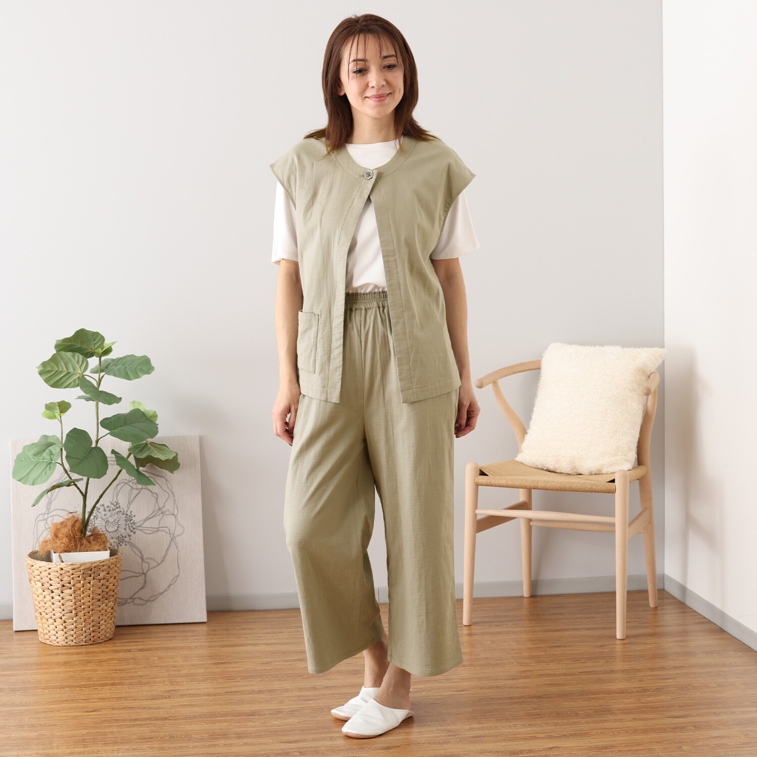 ヘ・エラ コットンブレンド ストレッチダブルガーゼ パンツ