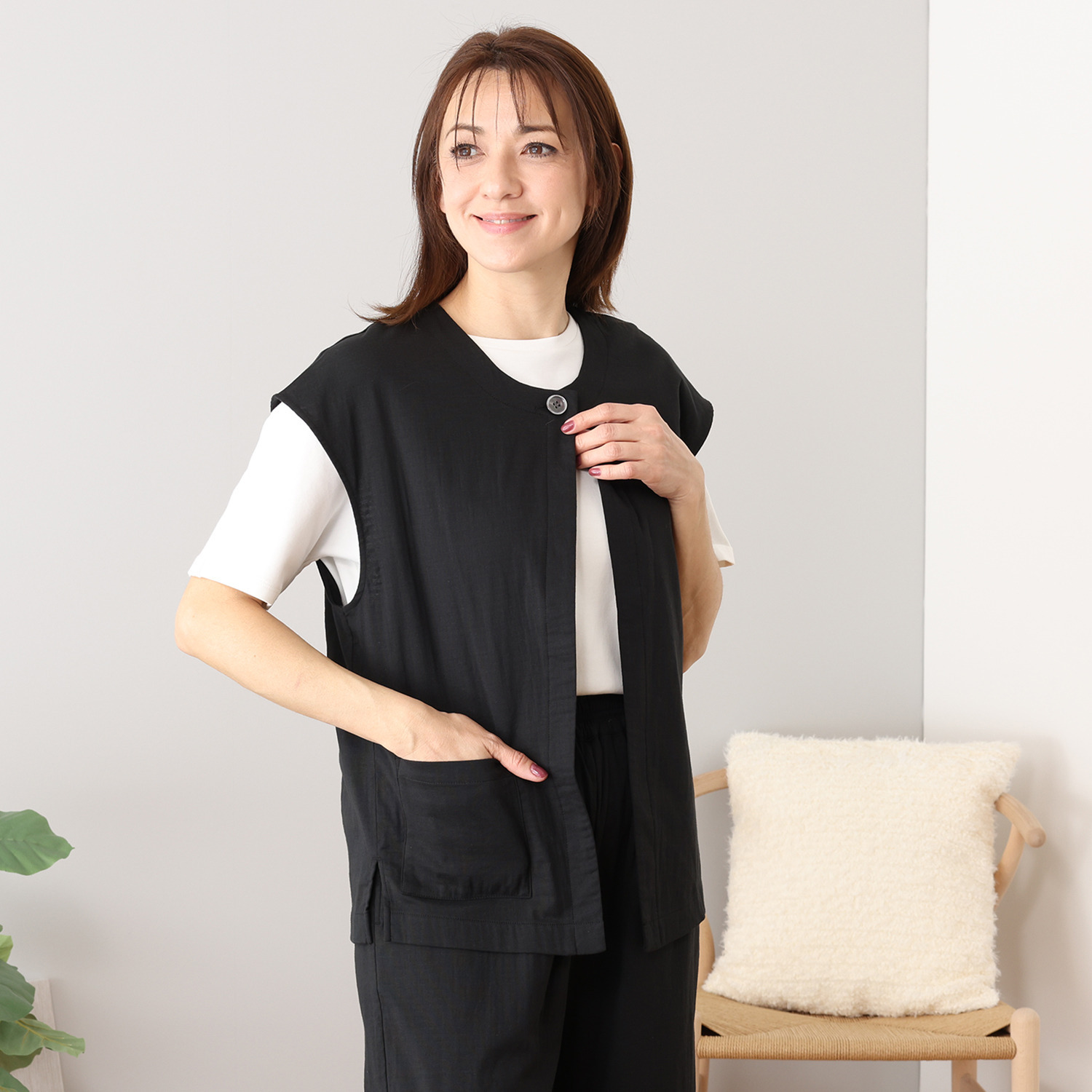 ヘ・エラ コットンブレンド ストレッチダブルガーゼ ジレ