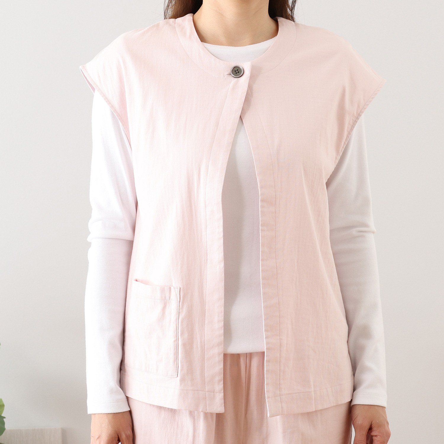 ヘ・エラ コットンブレンド ストレッチダブルガーゼ ジレ