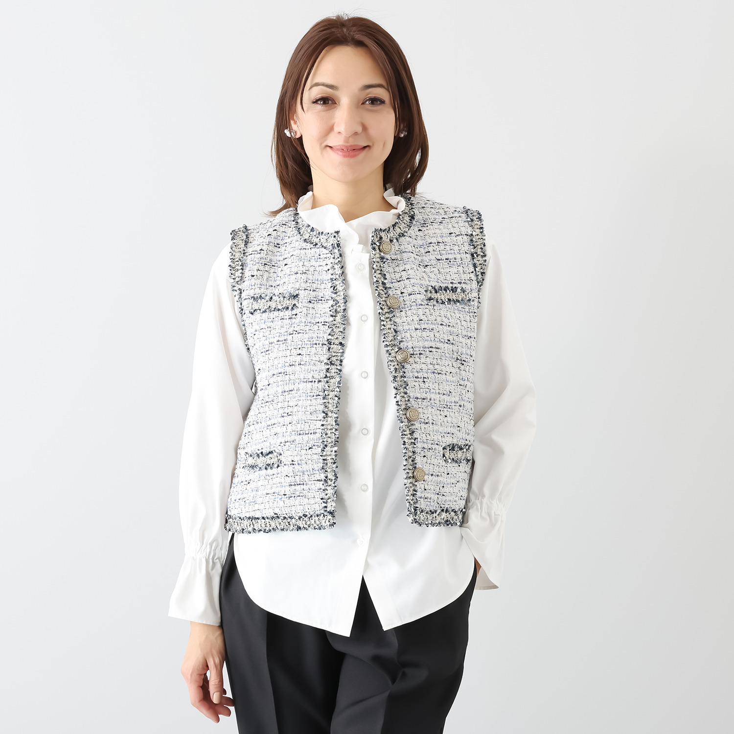 ボン・ブリコラージュ バイ　レイコ・ホウセンジ エレガントにも カジュアルにも合う ファンシーツイード ショートジレ