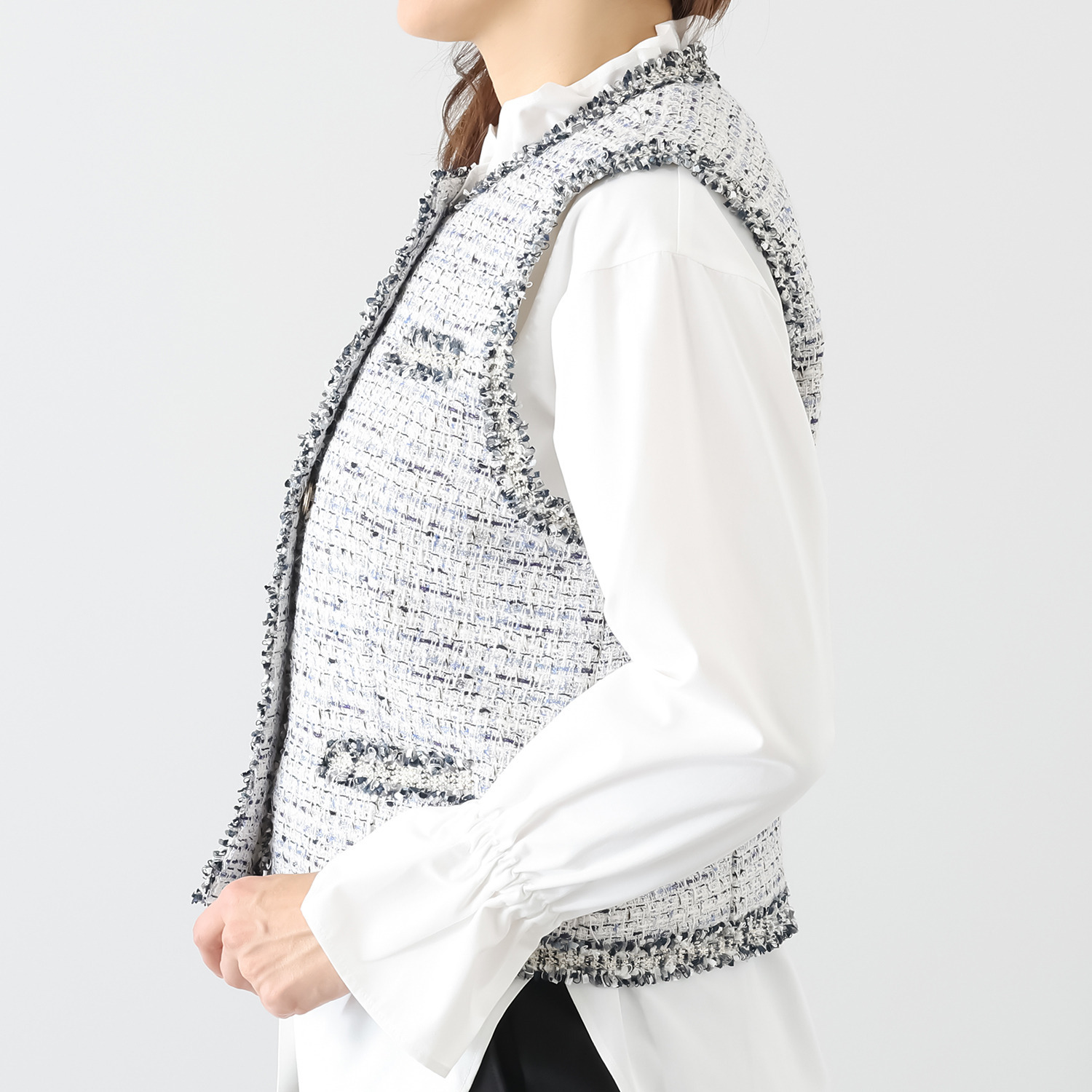 ボン・ブリコラージュ バイ　レイコ・ホウセンジ エレガントにも カジュアルにも合う ファンシーツイード ショートジレ