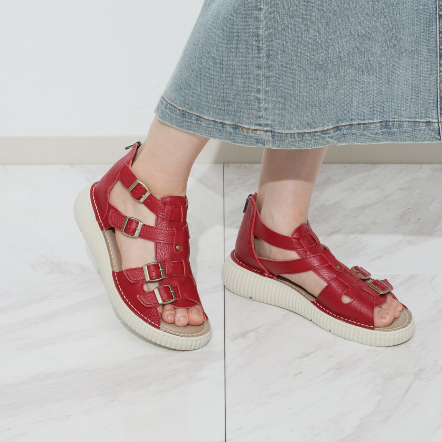 ＪＳハートレーベル 純日本製 やわらか姫路レザー グラディエーターデザイン コンフォートサンダル