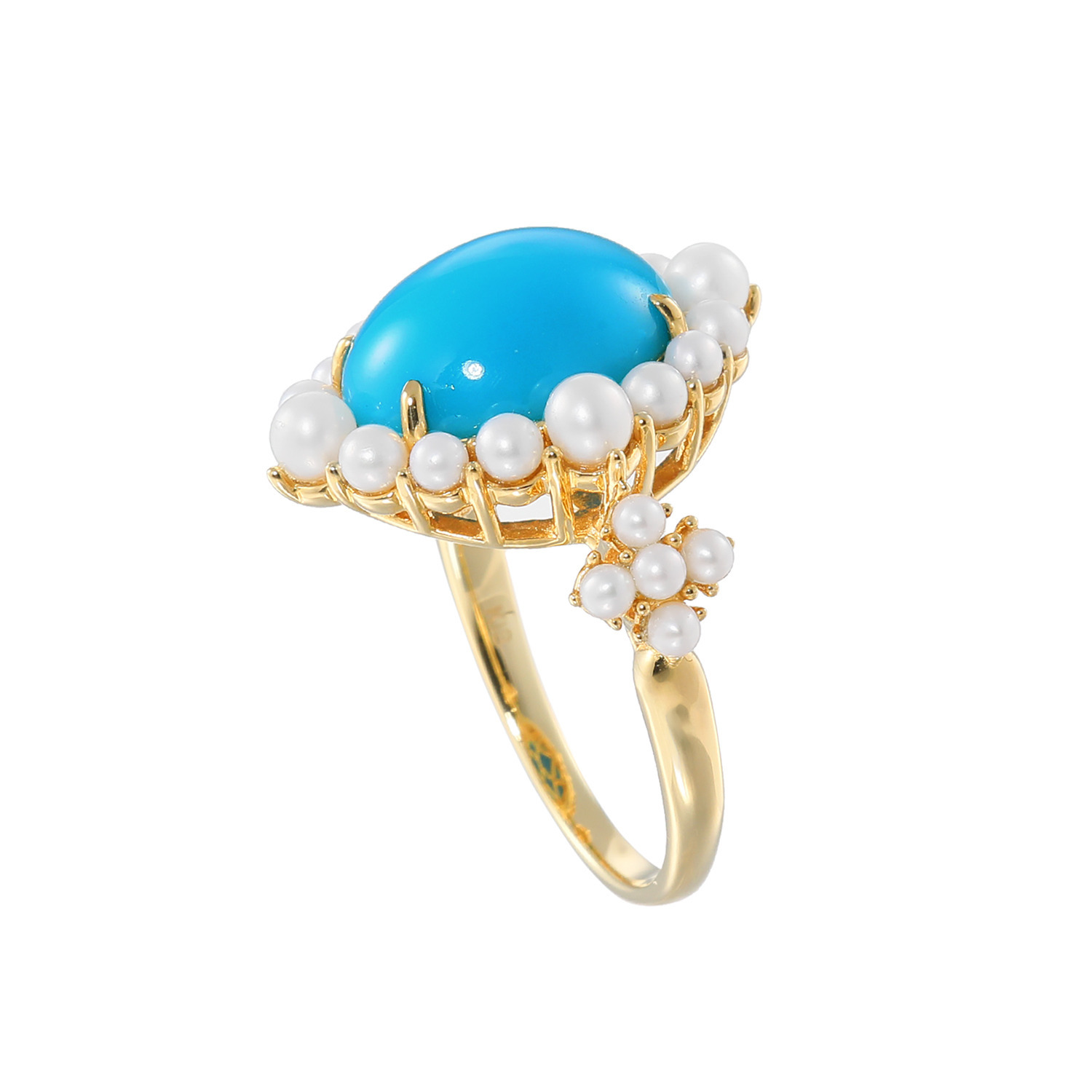 スリーピングビューティー １８Ｋ ターコイズ＆ 淡水パール オーバルカボション デザインリング