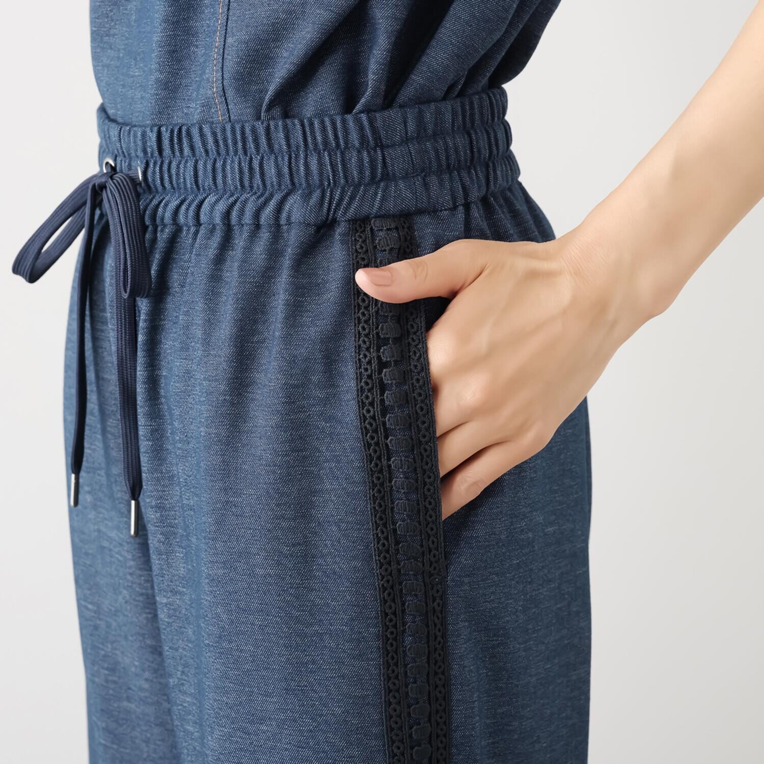 ブルーコレクション ラインレースで スッキリ見え デニム調ワイドパンツ