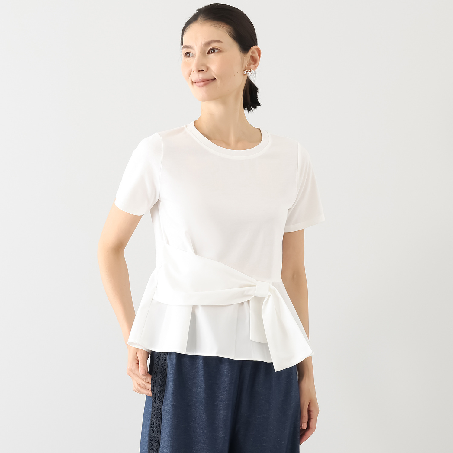 ブルーコレクション リボンデザイン アシンメトリー ペプラムトップス