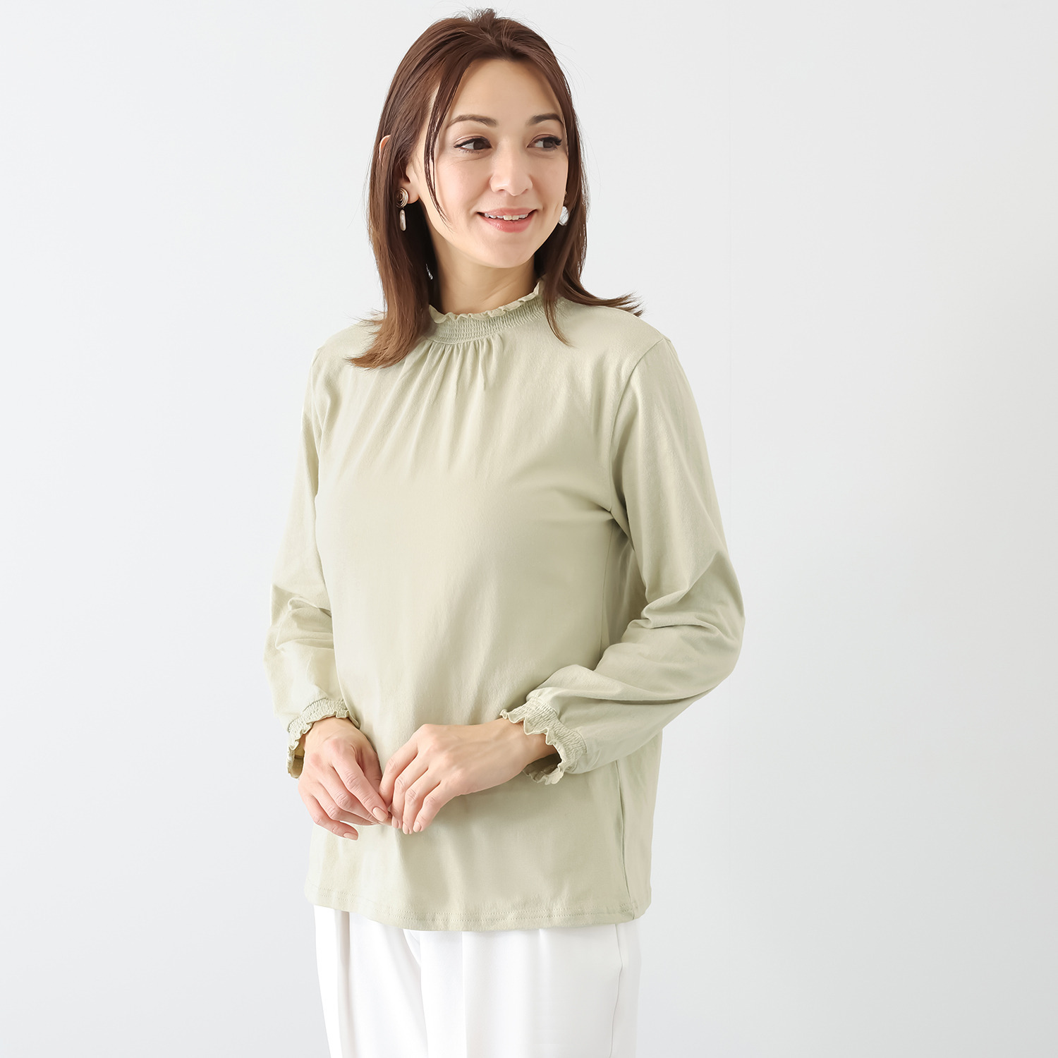エムエムオー コットン天竺 シャーリング 長袖トップス