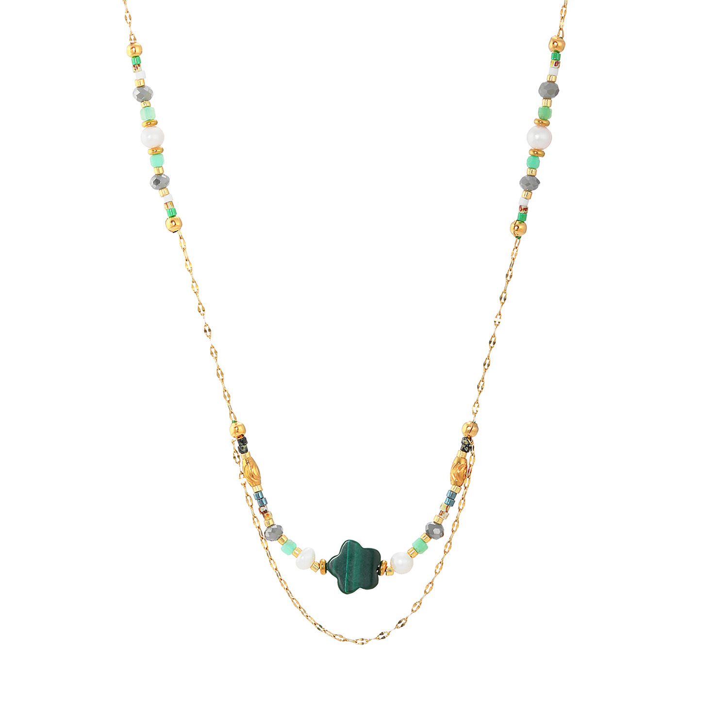 アビステ ステンレス マラカイト＆淡水パール ネックレス