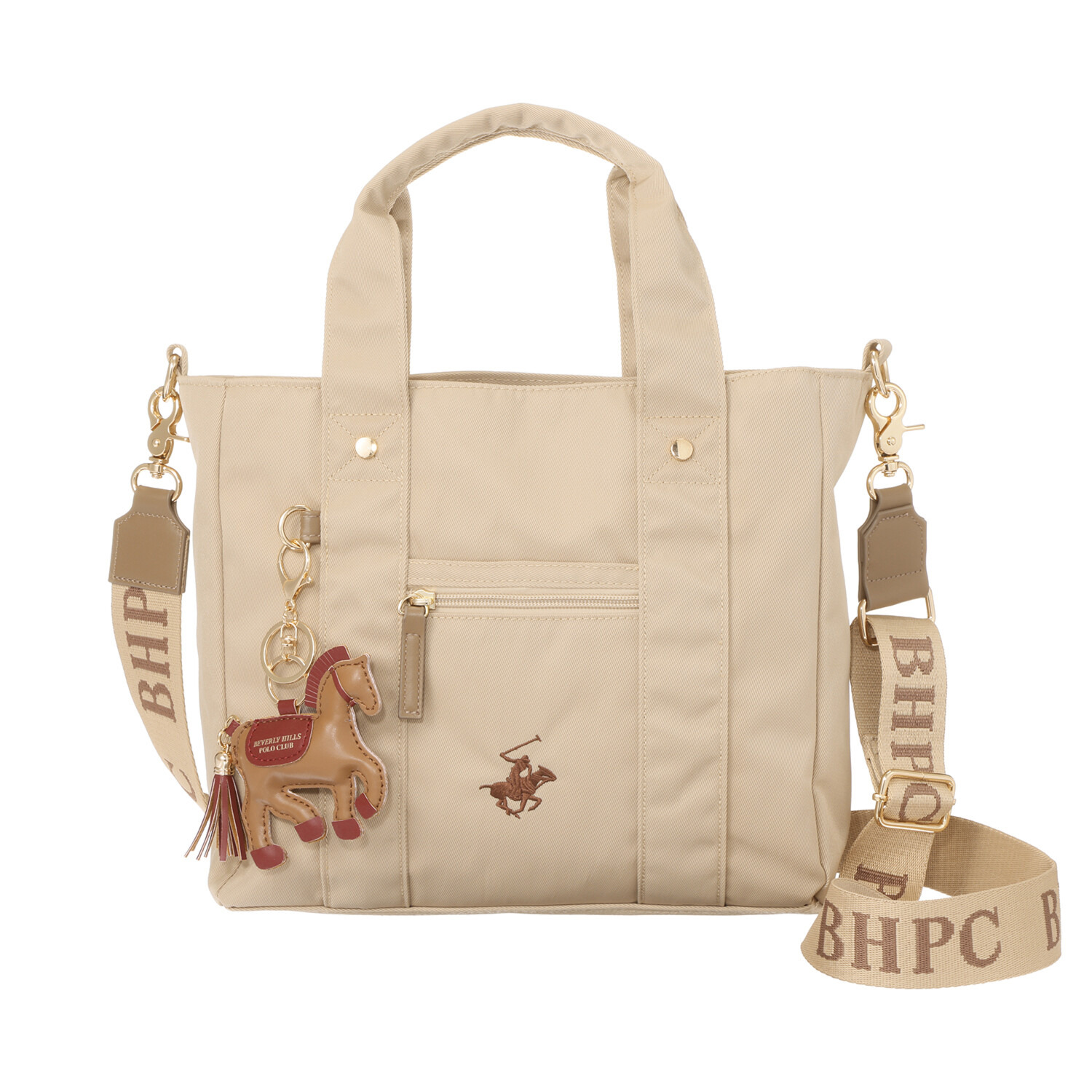 ビバリーヒルズ ポロクラブ ホースチャーム付 軽量なのに多収納 たっぷり１０ポケット ２ウェイトートバッグ