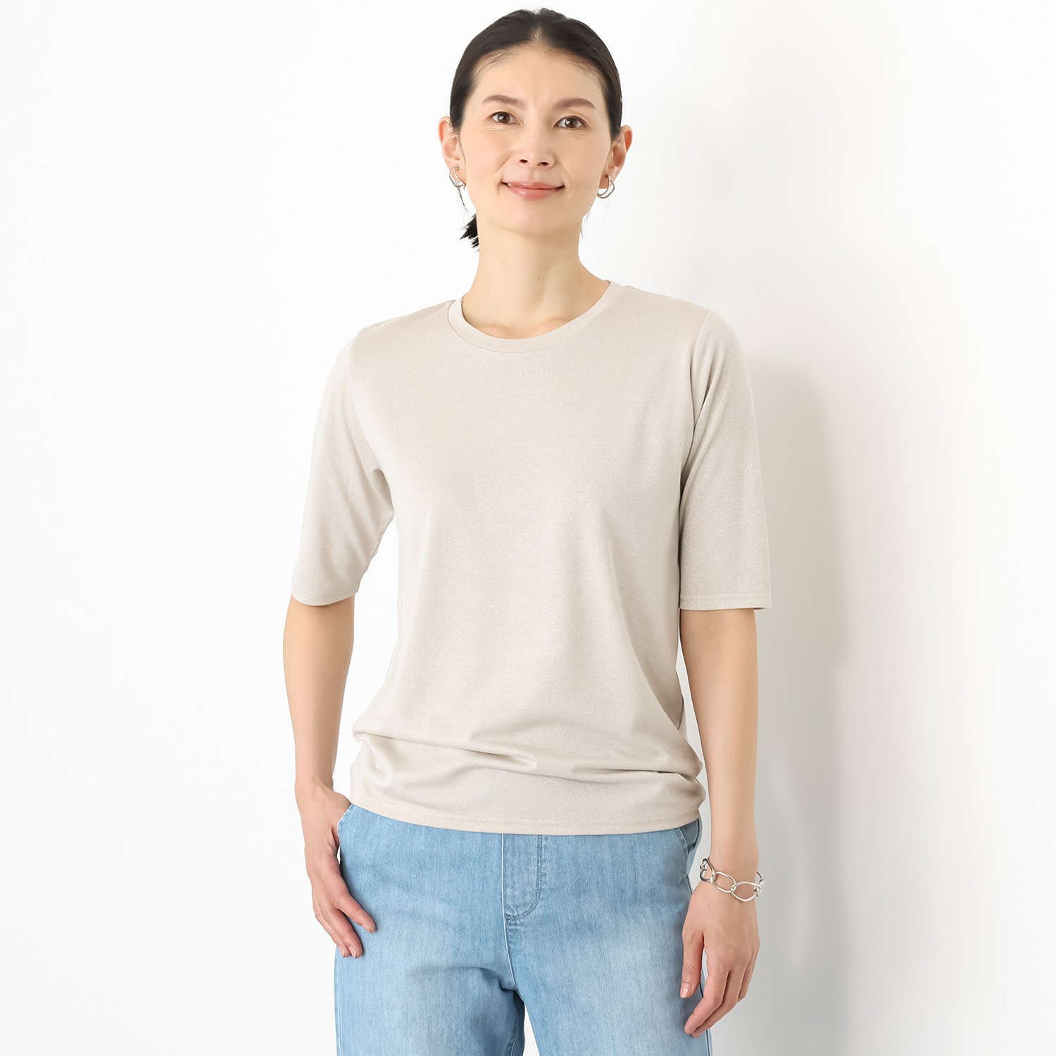 ネクストリー 五分袖 ラメカットソー プルオーバー