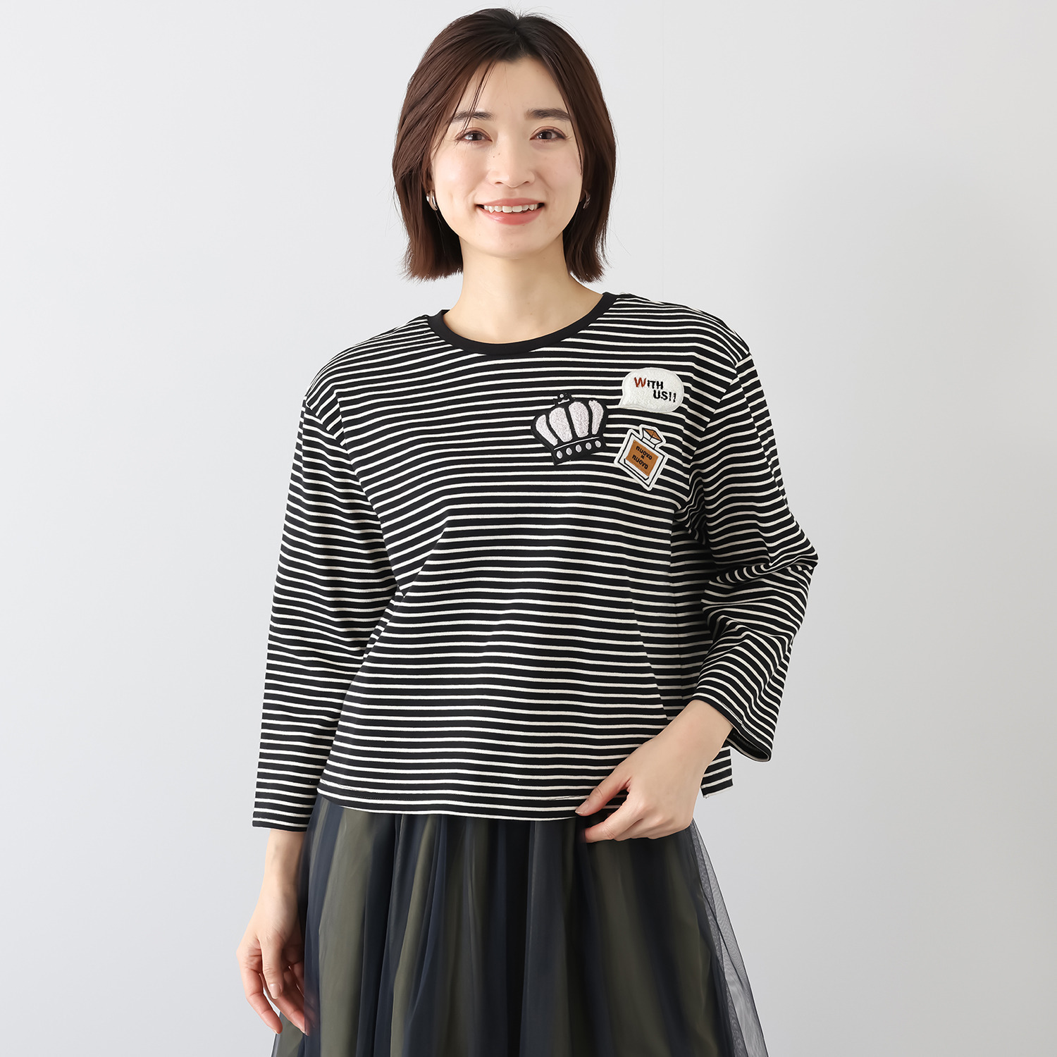 ノーボノーボ 綿１００％ エンブレム刺しゅう ボーダー カットソープルオーバー