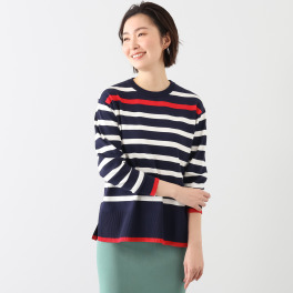 ゼラールスポーツ きれいめ編地仕立て 配色ラインアクセント ボーダーニットチュニック
