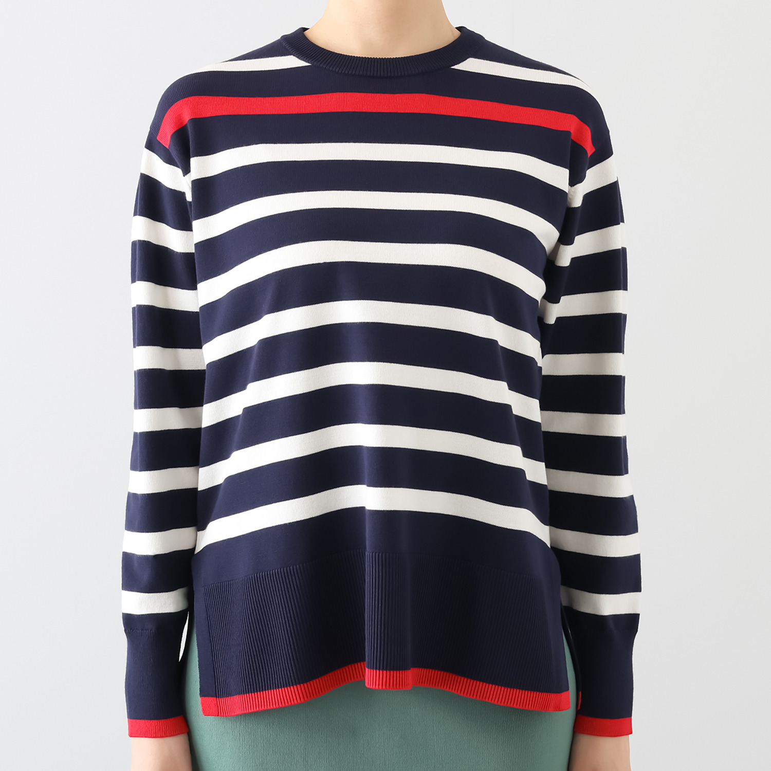 ゼラールスポーツ きれいめ編地仕立て 配色ラインアクセント ボーダーニットチュニック