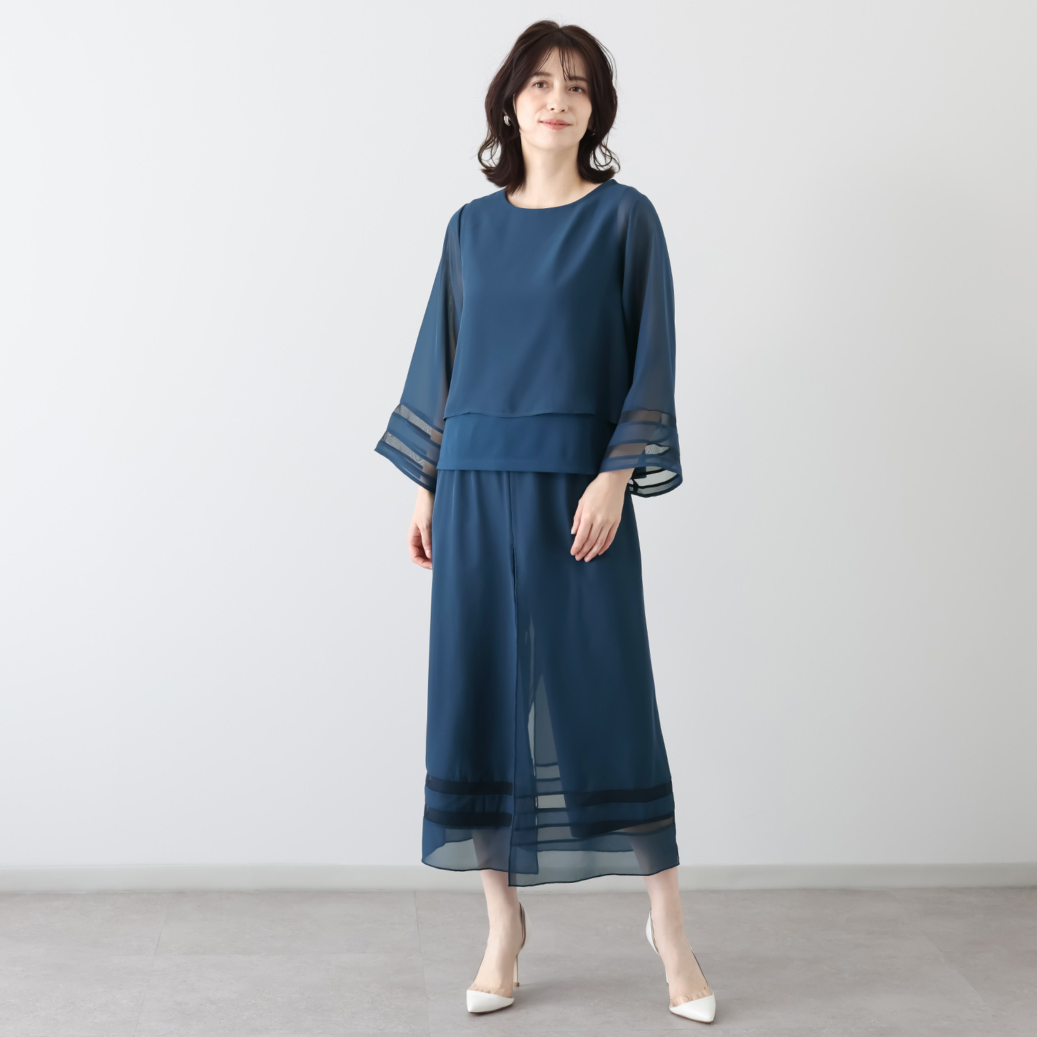 マイジュジュ 一枚で決まる！ インナー強撚ポンチ シフォンレイヤード風 プルオーバーブラウス