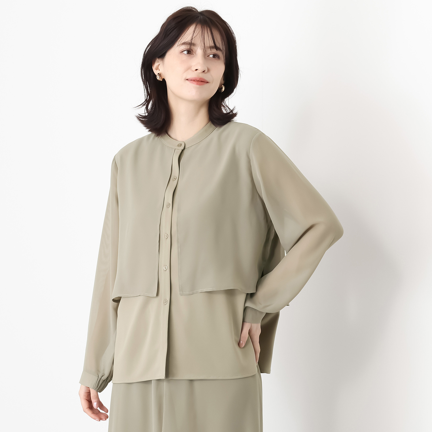 マイジュジュ 一枚で決まる！ インナー強撚ポンチ ジレレイヤード風 シャツブラウス