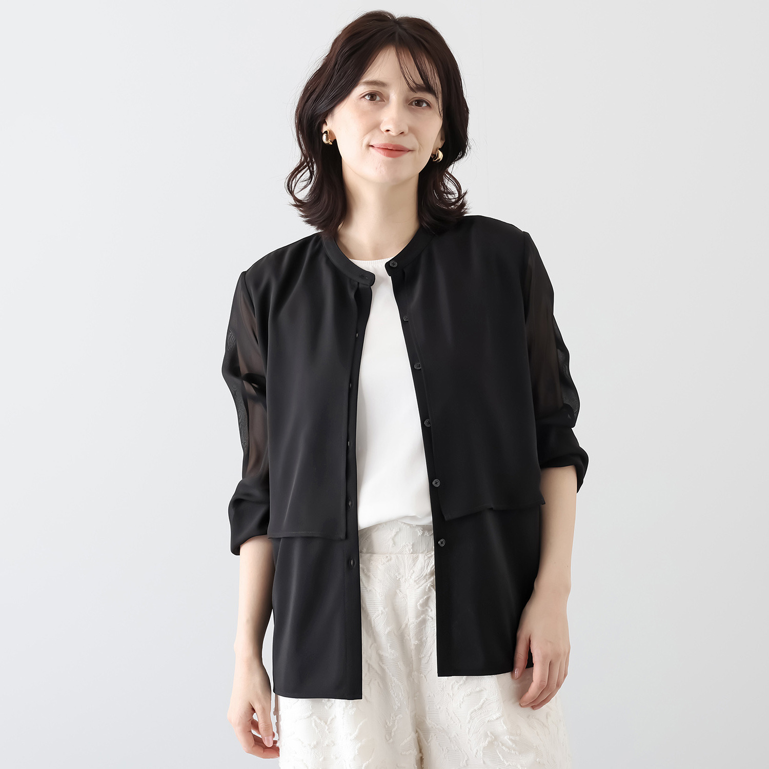 マイジュジュ 一枚で決まる！ インナー強撚ポンチ ジレレイヤード風 シャツブラウス