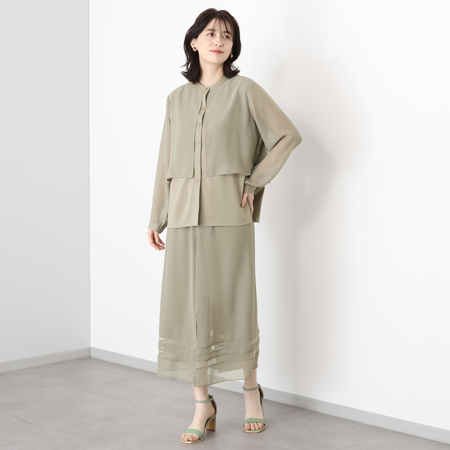 マイジュジュ 一枚で決まる！ インナー強撚ポンチ ジレレイヤード風 シャツブラウス