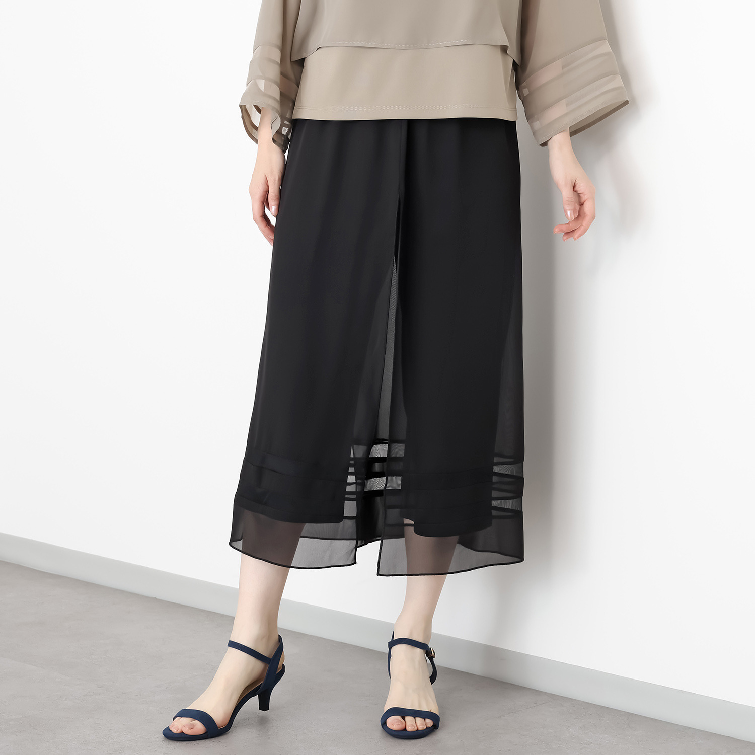 マイジュジュ 一枚で決まる！ インナー強撚ポンチ オーバーシフォン レイヤードパンツ