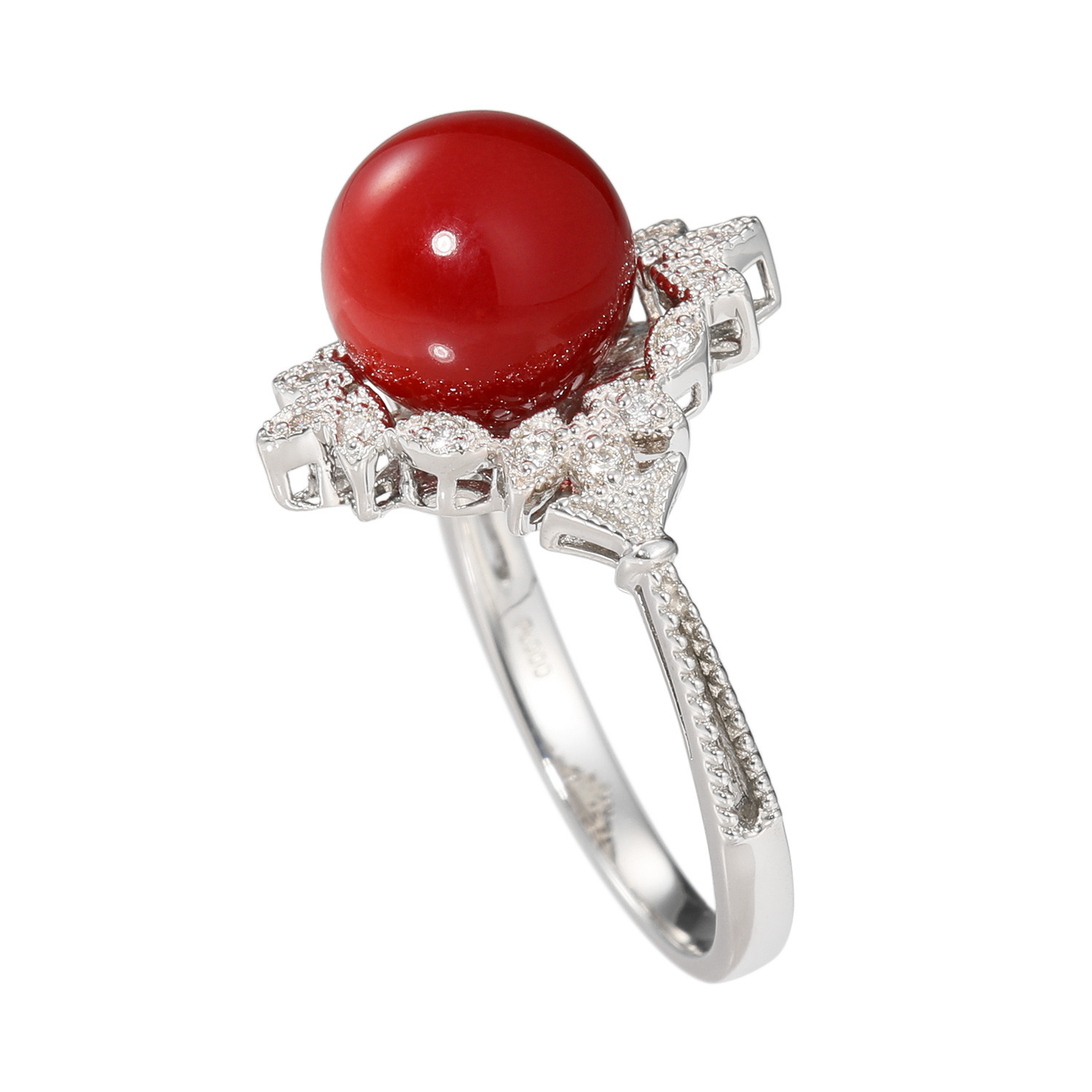 香瑚 プラチナ９００ 高知県産血赤珊瑚＆ ダイヤモンド 丸玉リング