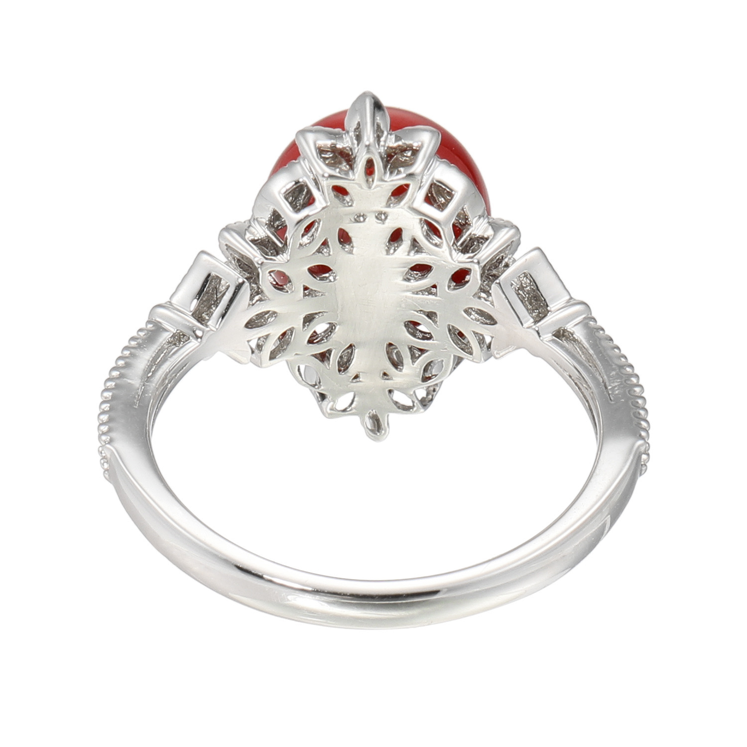 香瑚 プラチナ９００ 高知県産血赤珊瑚＆ ダイヤモンド 丸玉リング