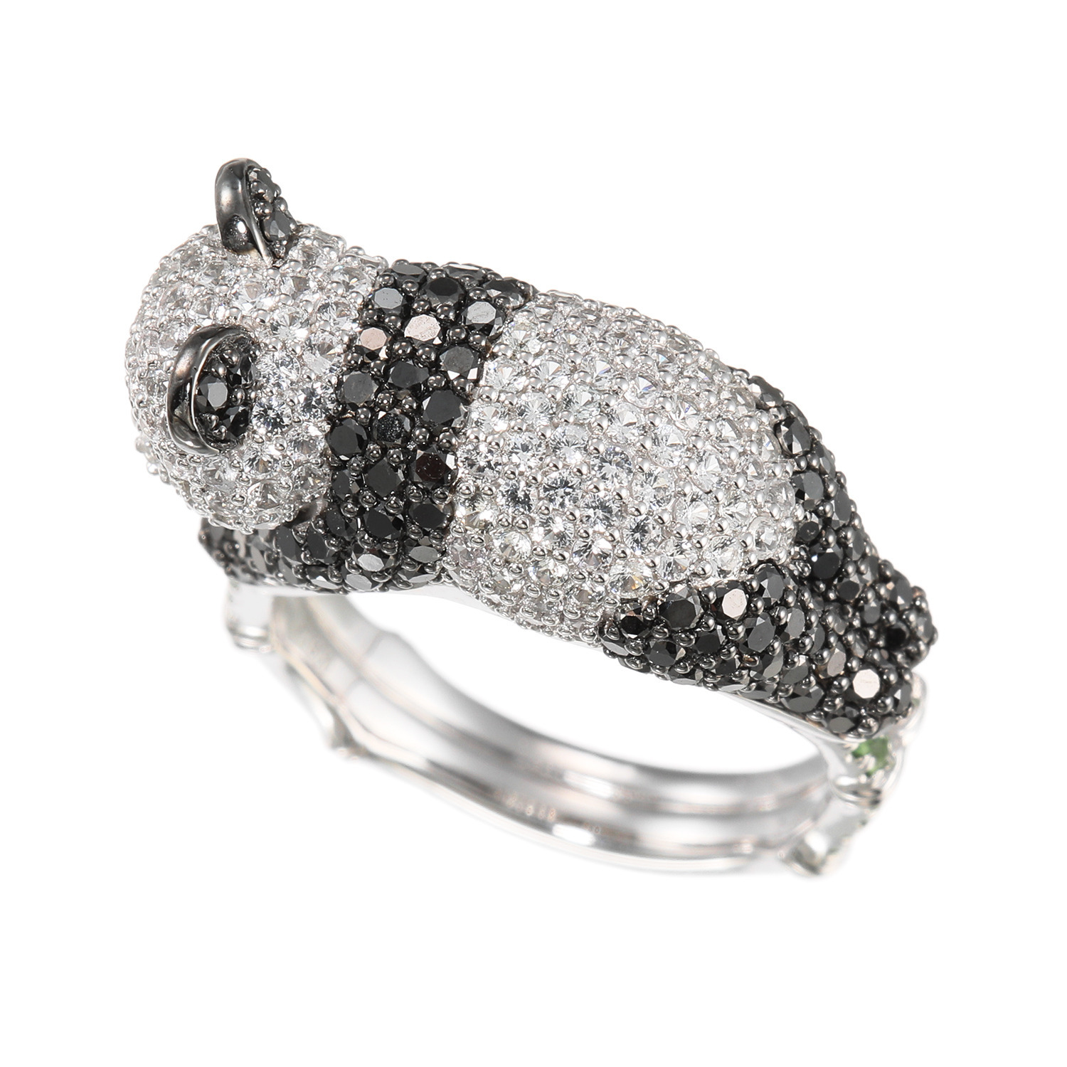 ビジューフルレゾン コローレ プラチナ９００ ブラックダイヤモンド＆ ホワイトサファイア＆ グリーンガーネット プレイングパンダリング