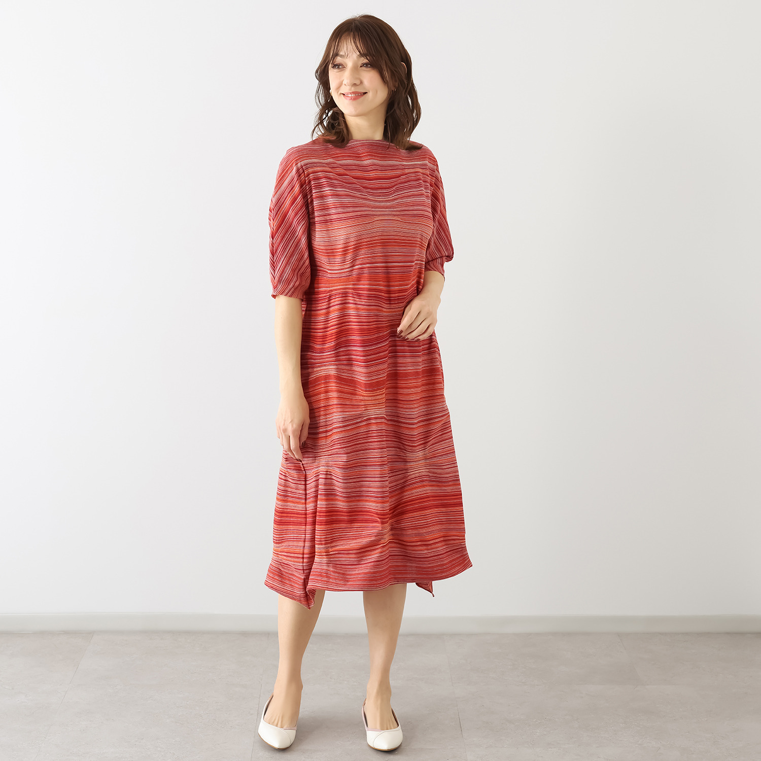 プレセントーア ＵＶカット・静電気防止 日本製　無縫製ジャージー 軽くて動きやすい 表情豊かなテキスタイルの 五分袖ワンピース