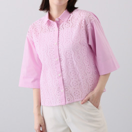 メリオン フラワーモティーフ クロップト丈 カットワークレースシャツ