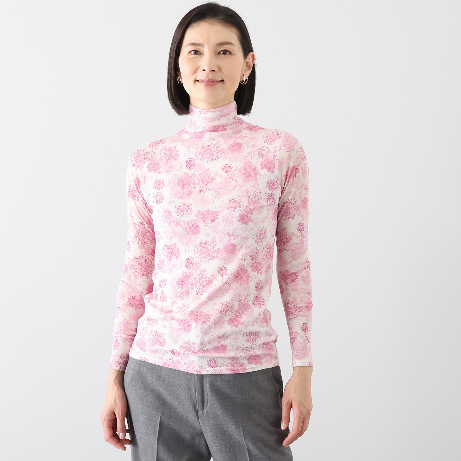 天使の綿シフォン モックネック プリント 一重長袖プルオーバー